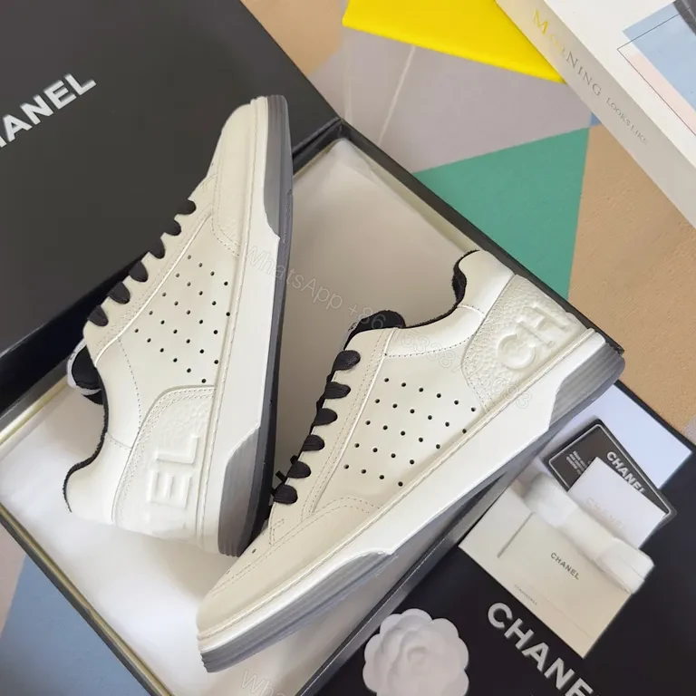 View 4 of Clean White Chanel-Inspired Court Sneakers with Bold Black Laces