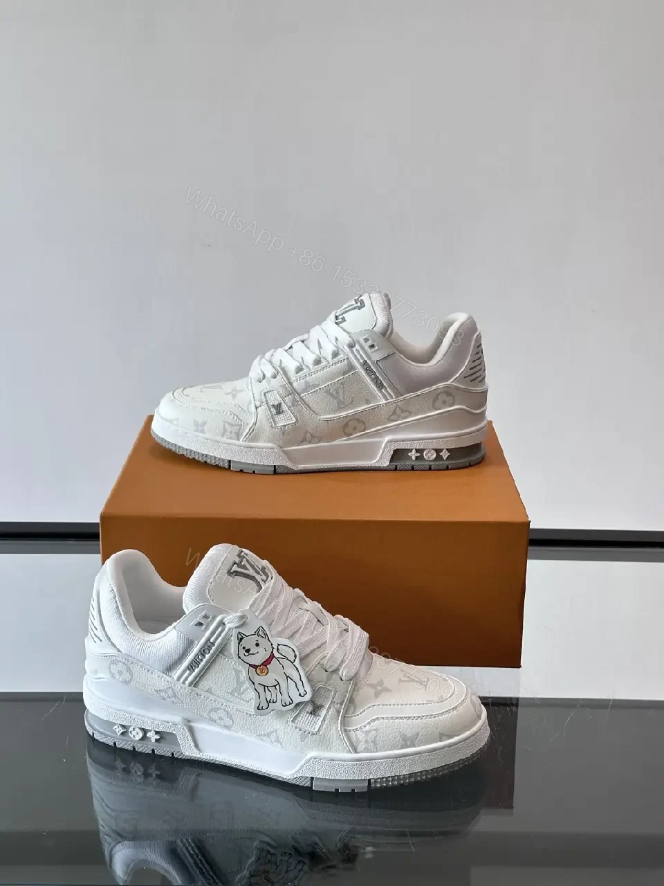 View 3 of White Leather High-Top Sneakers: Luxe Comfort, Monogram Pattern