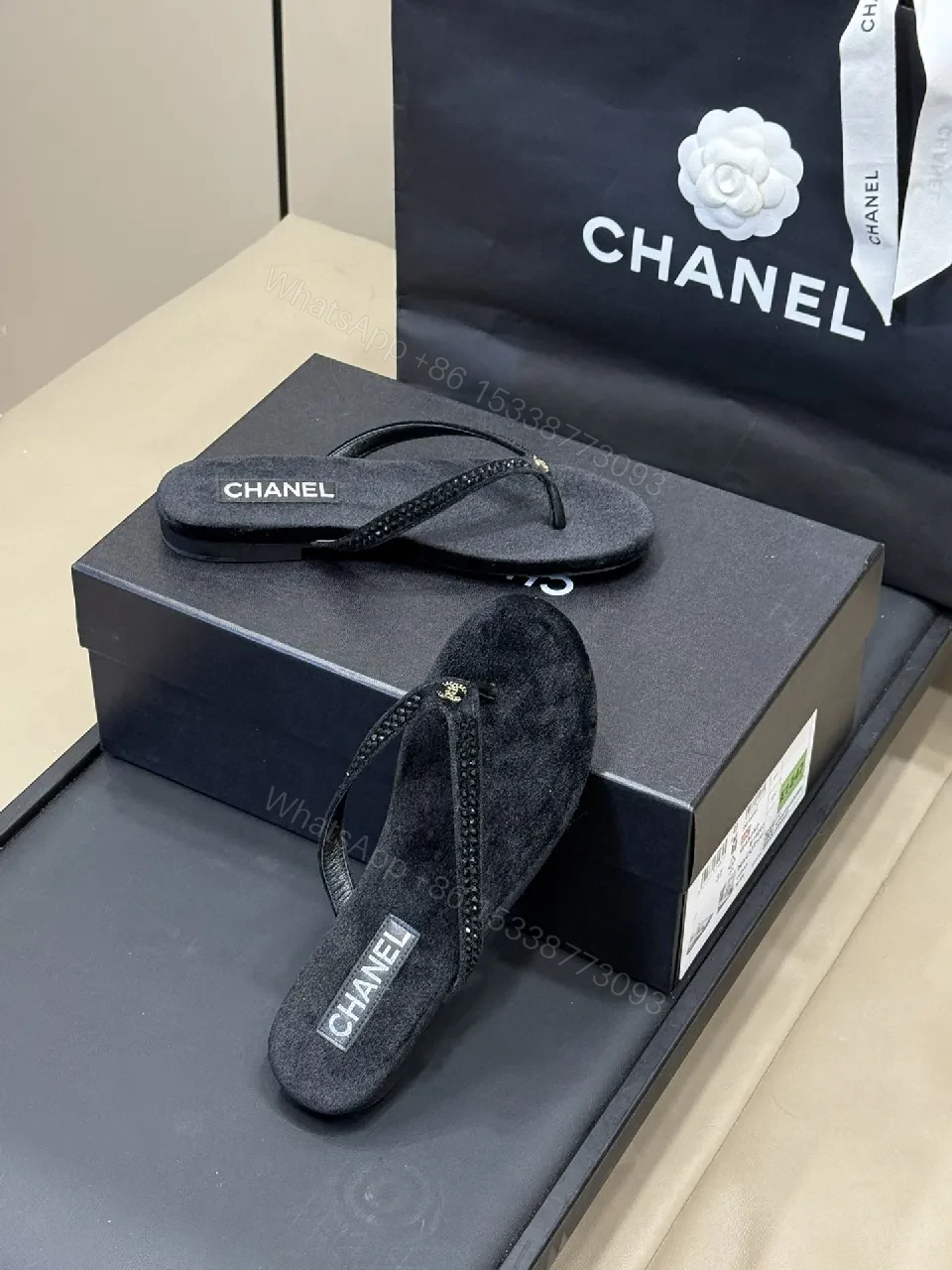 View 5 of Black Suede-Feel Thong Sandals with Crystal Straps - Luxe Casual Footwear