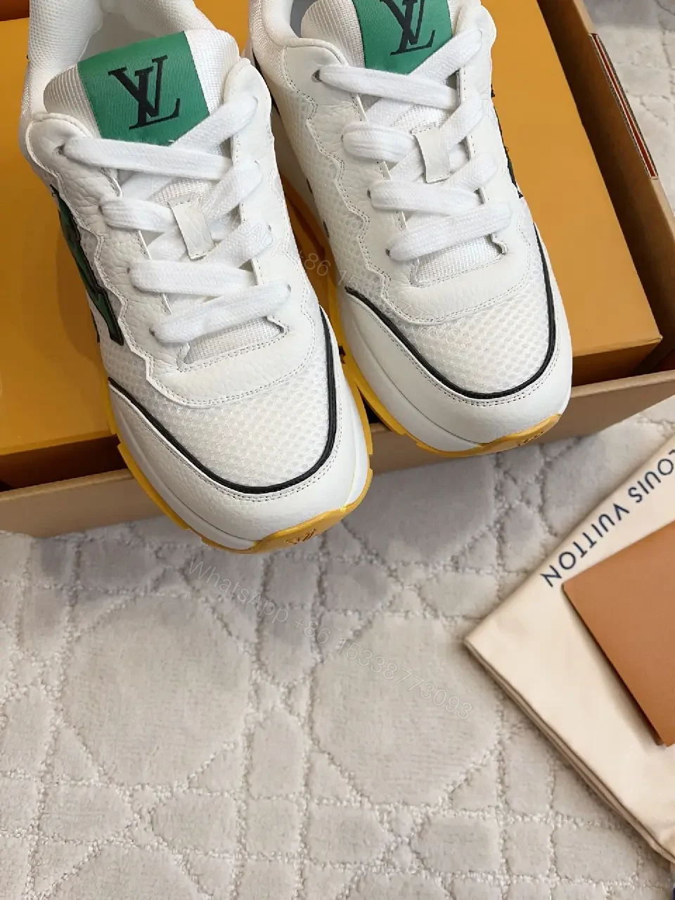 View 6 of Green Logo Knit White Leather Sneakers Lightweight Comfort Louis Vuitton Shoes