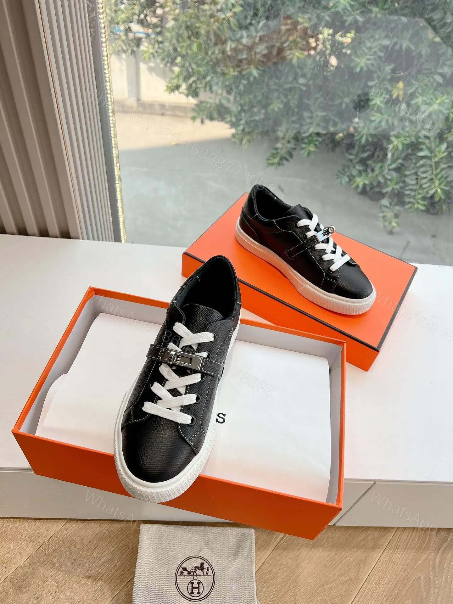 View 5 of Hermes Women Black Leather Sneakers With Buckle Strap