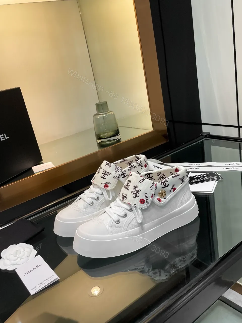 View 3 of White + Leather + High-Top + Signature Cuff Print + Sneakers