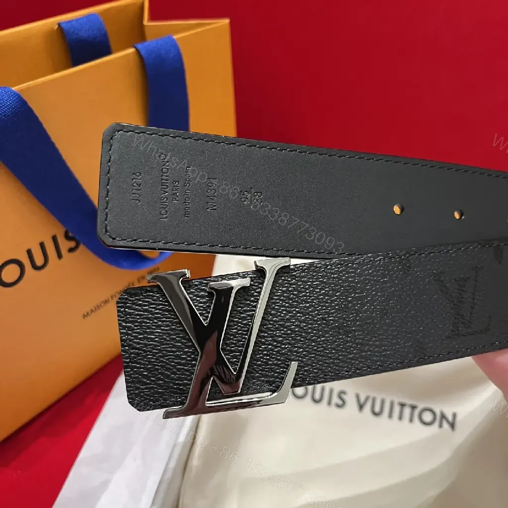 View 9 of Black Leather Belt - Pebbled Texture with Large Silver LV Buckle