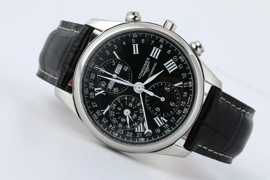 View 5 of Longines Master Collection Moonphase Eight Hand V4 Edition Black Dial Stainless Steel Case Leather Strap