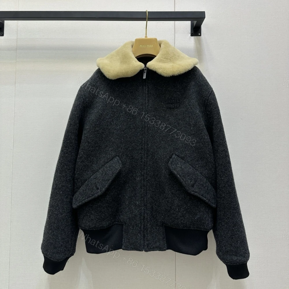 View 2 of Miumiu Shetland Wool Blouson Jacket Anthracite Gray