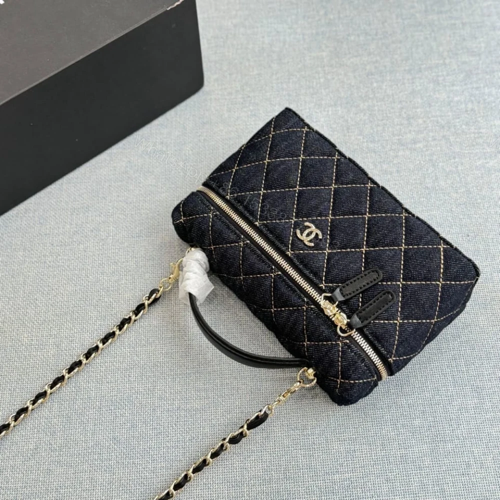 View 5 of Chanel Classic Vanity with Chain Gold Metal Denim Dark Blue 19cm