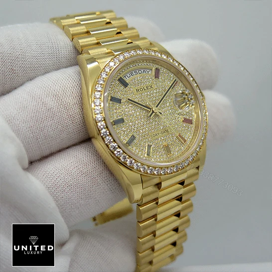 View 10 of Rolex Day-Date Yellow Gold With Pave Diamond Dial Sapphire 128348RBR-0030 Replica