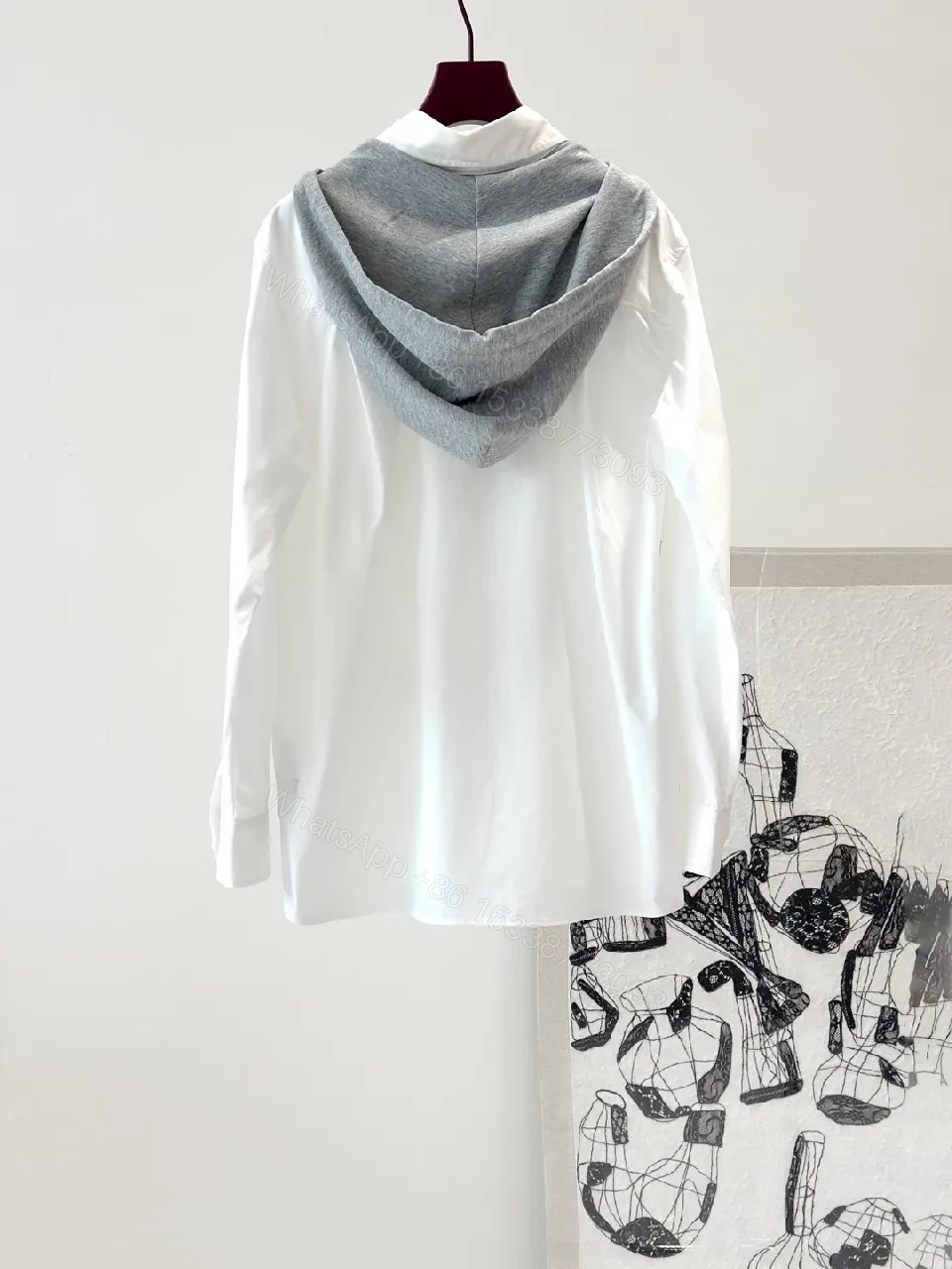 View 2 of White Cotton Shirt Dress Hoodie Detail: Modern Minimal Luxury