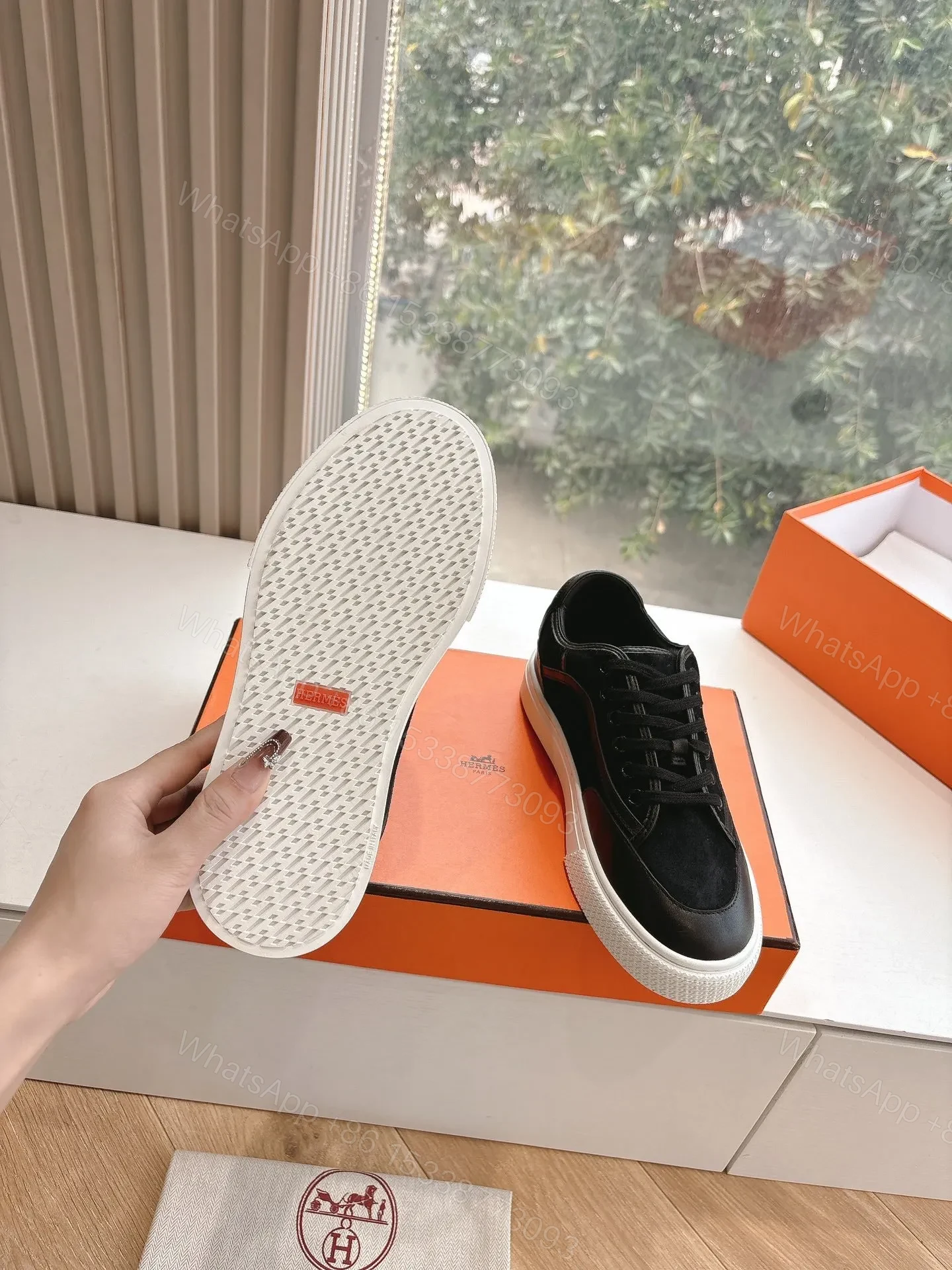 View 6 of Hermes Women Black Suede Leather Sneakers