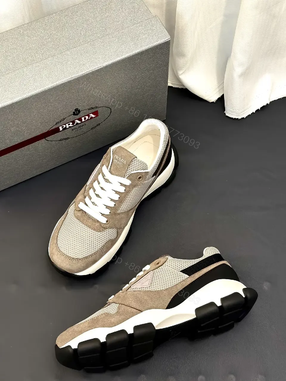 View 5 of Beige Mesh & Suede Sneakers, Chunky Sole, Prada Style