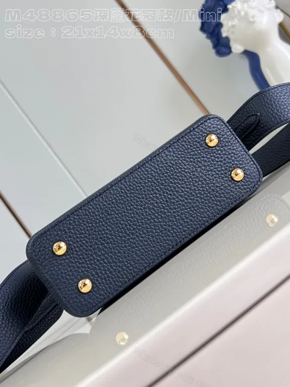 View 4 of Navy Leather Bag with Gold LV Accents