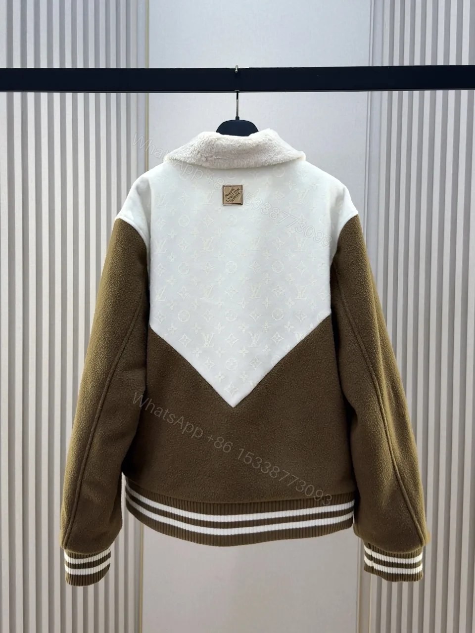 View 9 of Brown & Off-White Monogram Varsity Jacket: Rich Texture, Modern Luxury