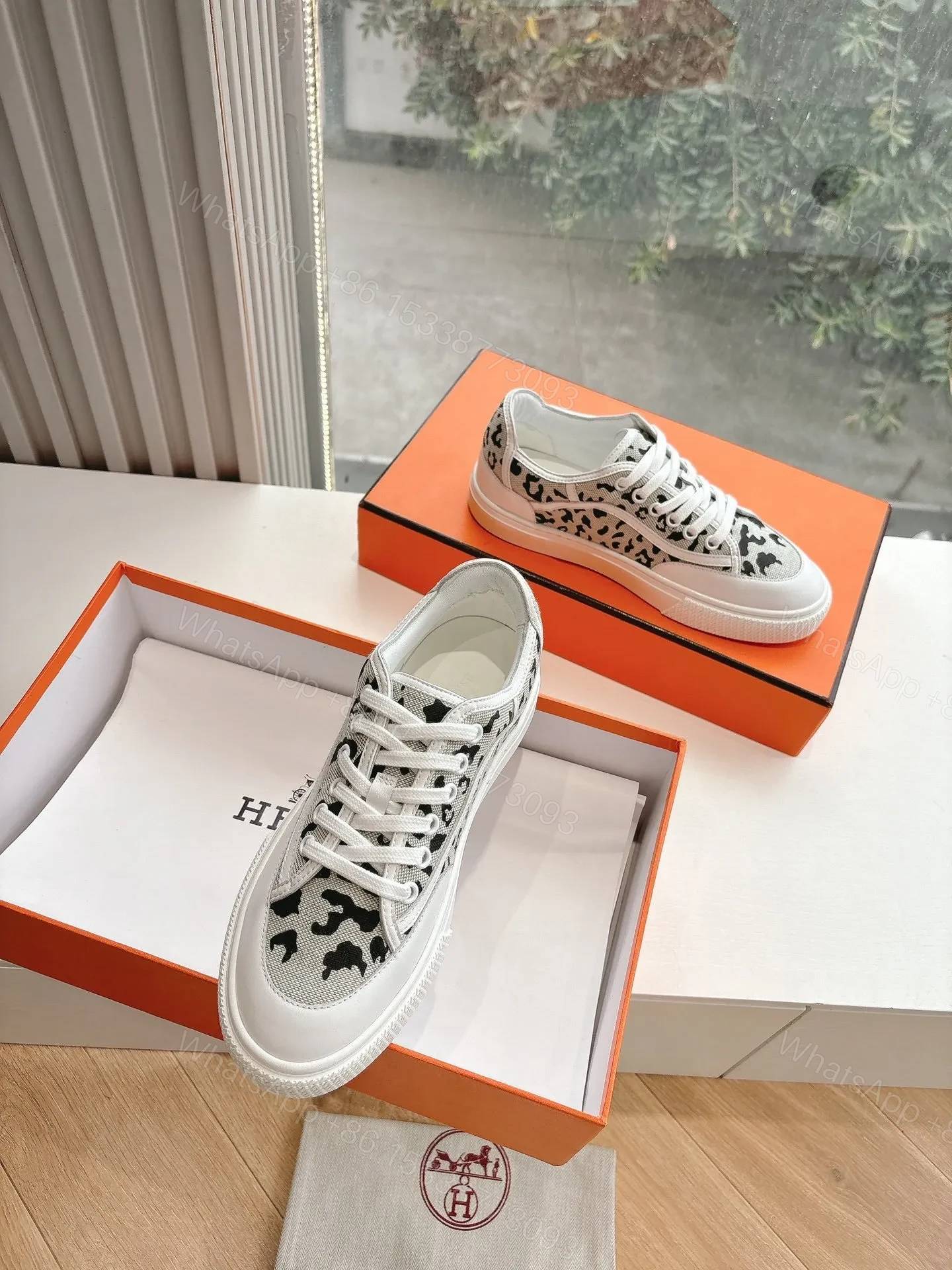 View 3 of Hermes Women White Canvas Leopard Print Sneakers