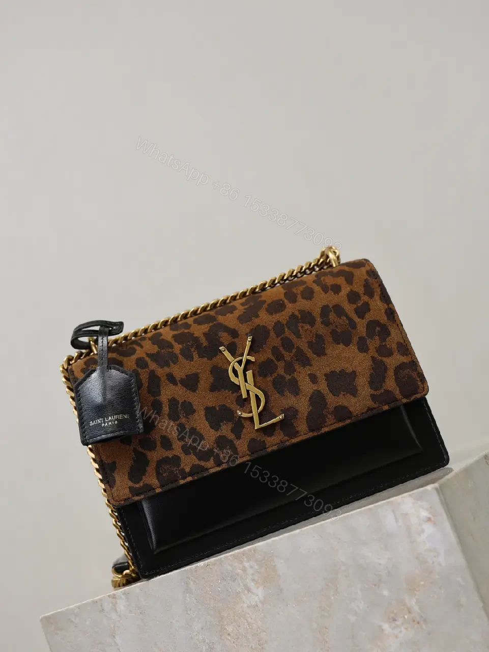 View 8 of Leopard Print Flap Bag with Gold Monogram Chain Strap