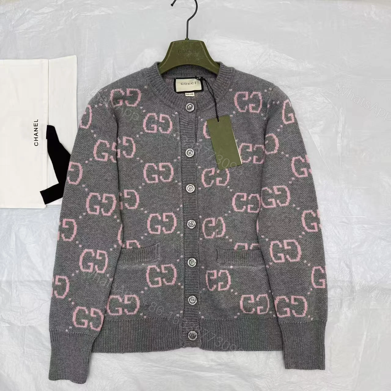 View 2 of Gucci Gg Monogram Knit Cardigan In Grey With Pink