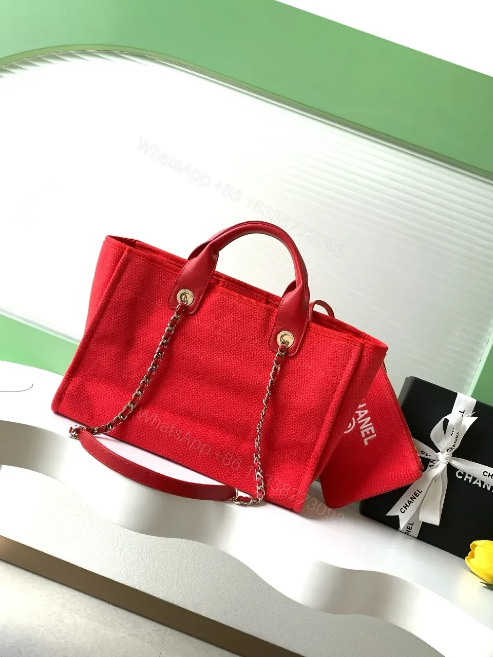 View 2 of Bold Red Canvas Tote with Logo & Chain Detailing
