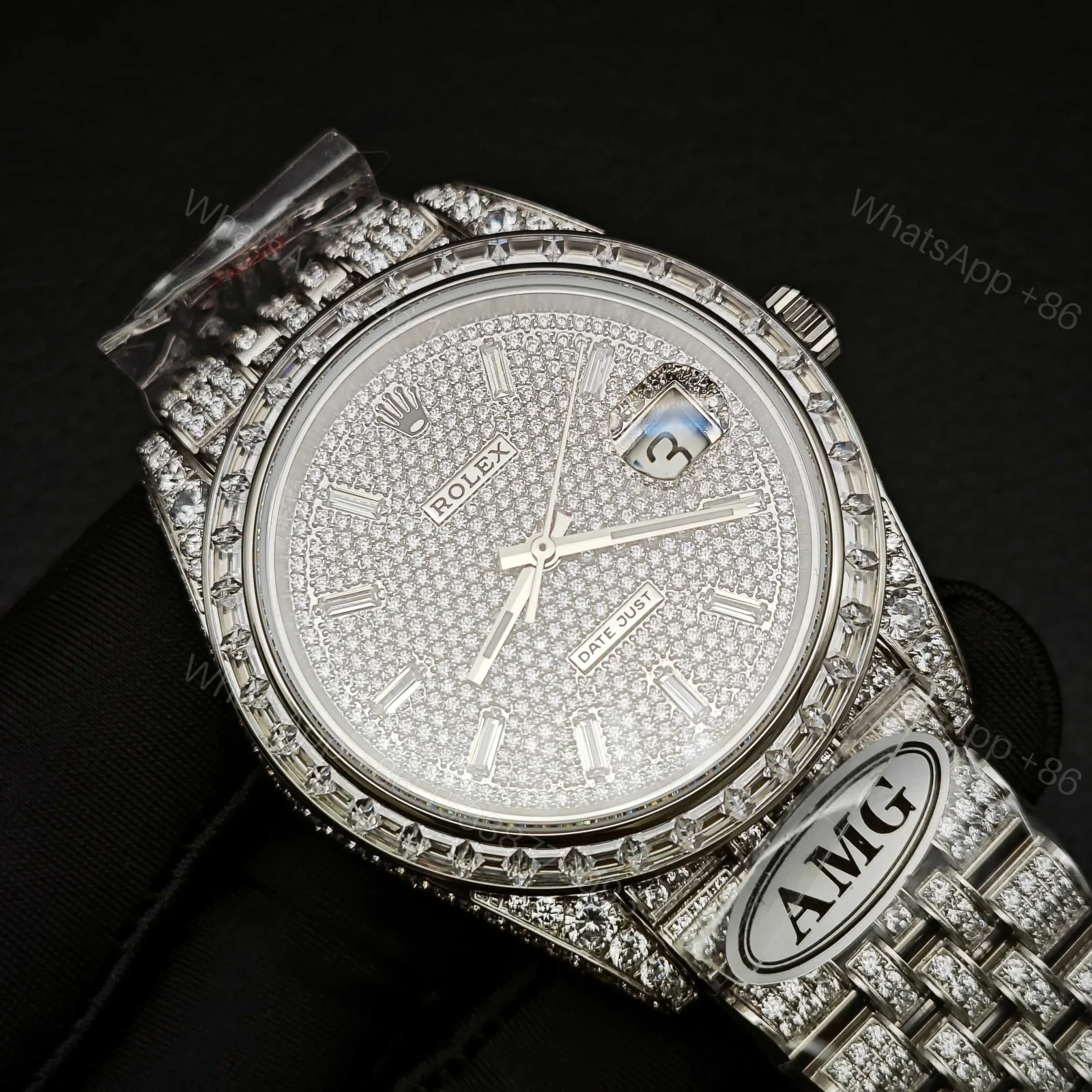 View 4 of Rolex Datejust Full Diamond 41mm Silver Pavé Dial Baguette Bezel President Bracelet RLG-DJ-FULLDIAMOND-41MM-SILVER