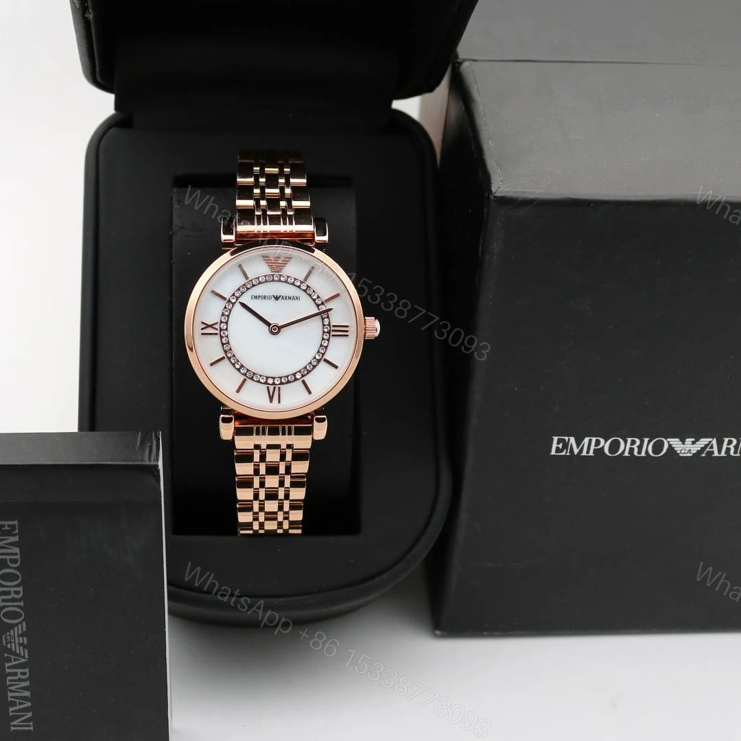 First Copy Emporio Armani Rose Gold White Dial Roman Marker Diamond Bezel Women’s Analog Watch — view 1