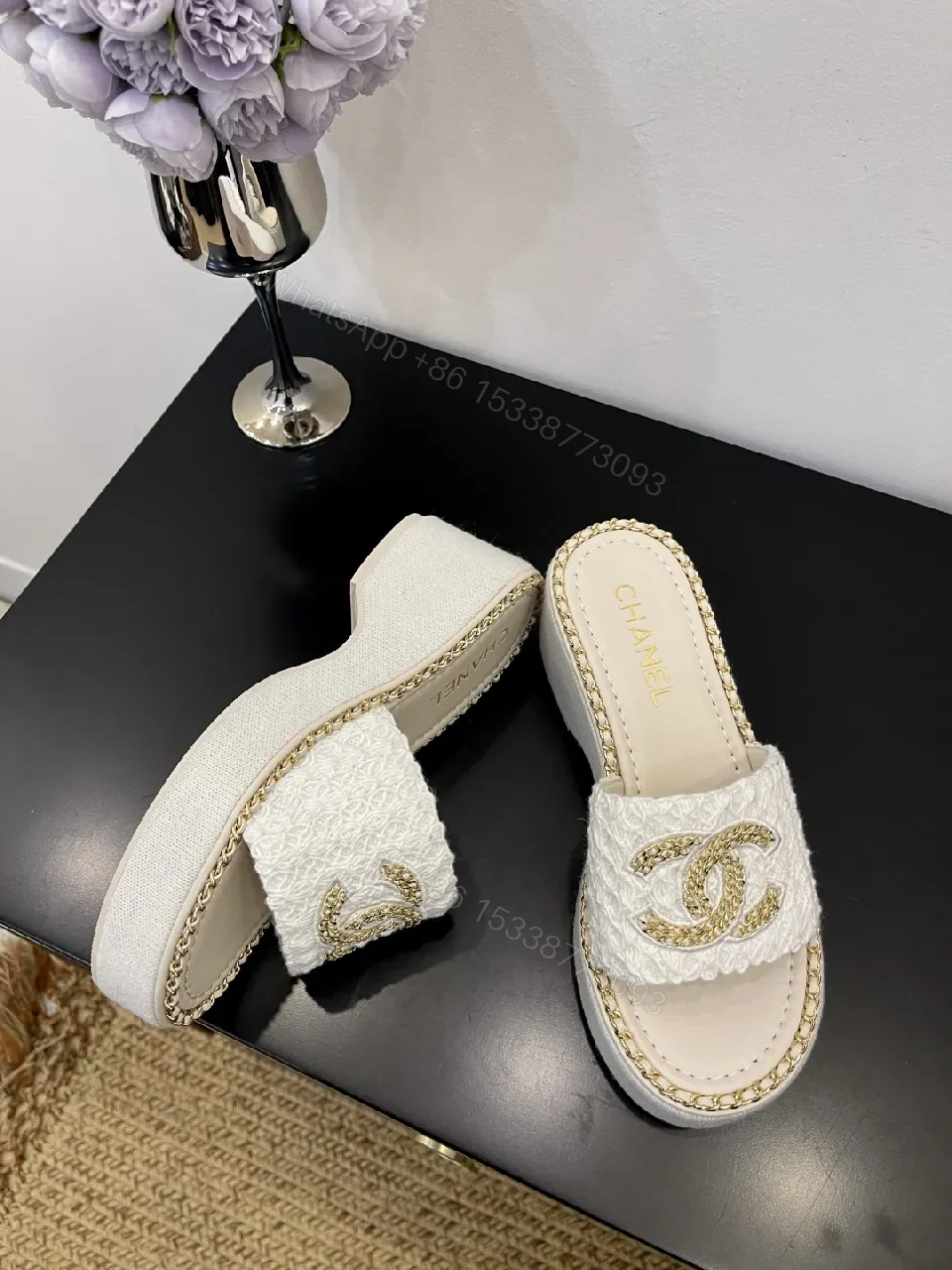 View 6 of White Textured Slide Sandals with Gold Logo, Open-Toe Mule Product