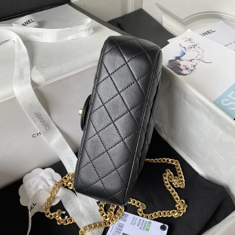 View 4 of Black Calf Leather Quilted Crossbody with Gold Chain - Luxe, Adjustable, Everyday Chic