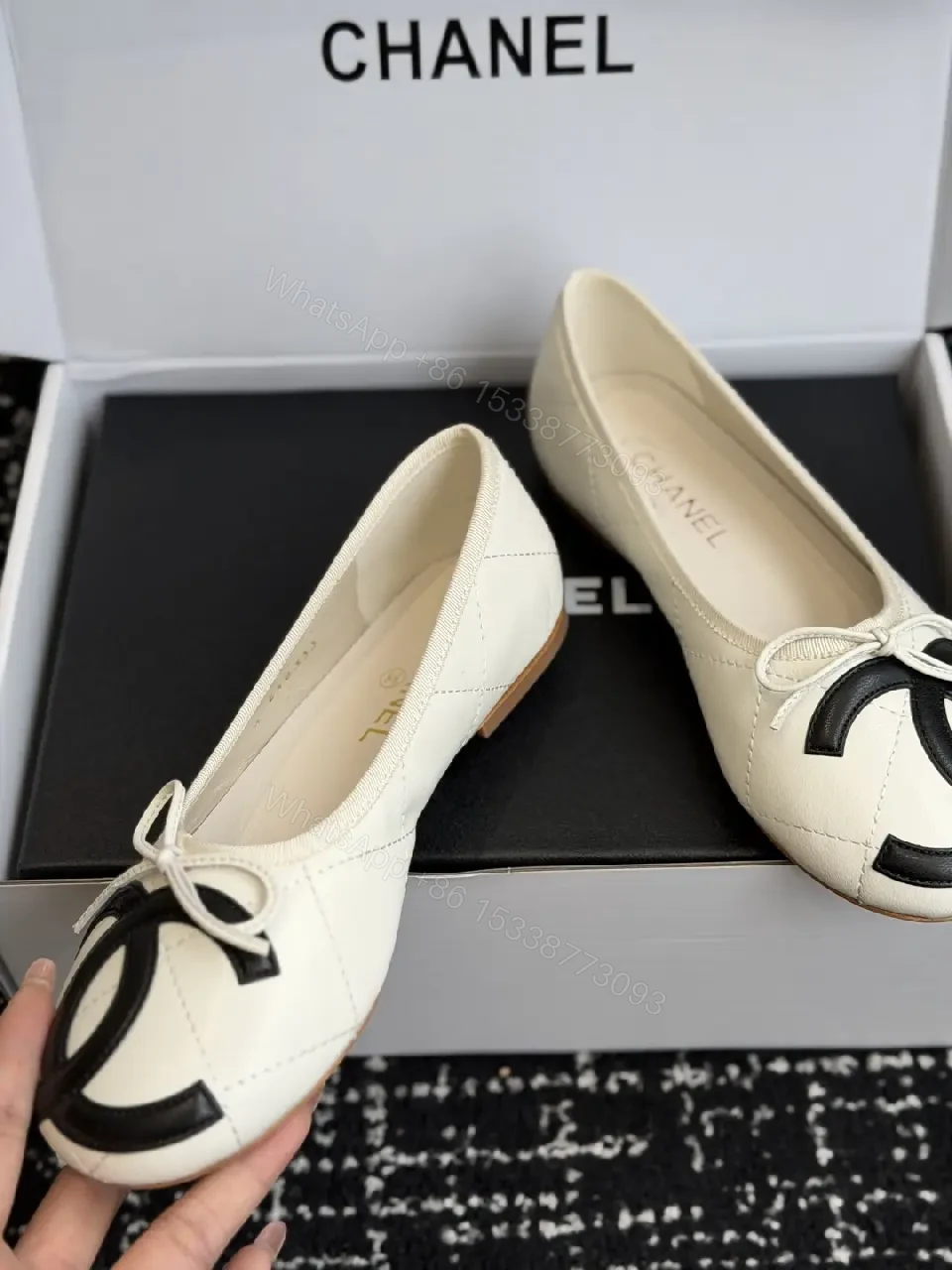 View 4 of Cream Leather Ballet Flats Pearl Bow Chanel Logo