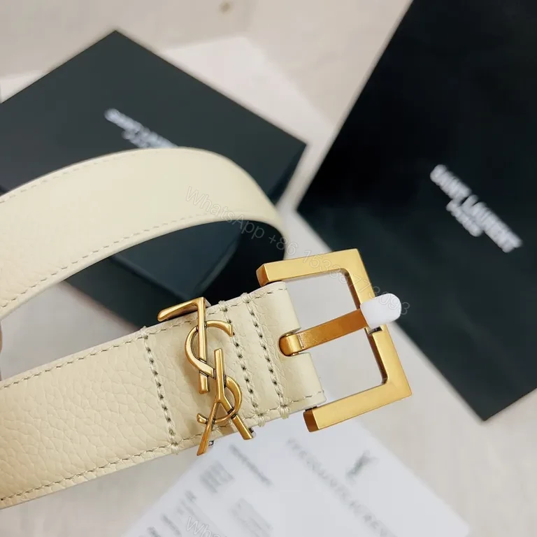 View 6 of Crisp White Leather Belt with Gold Hardware â€” Saint Laurent Style