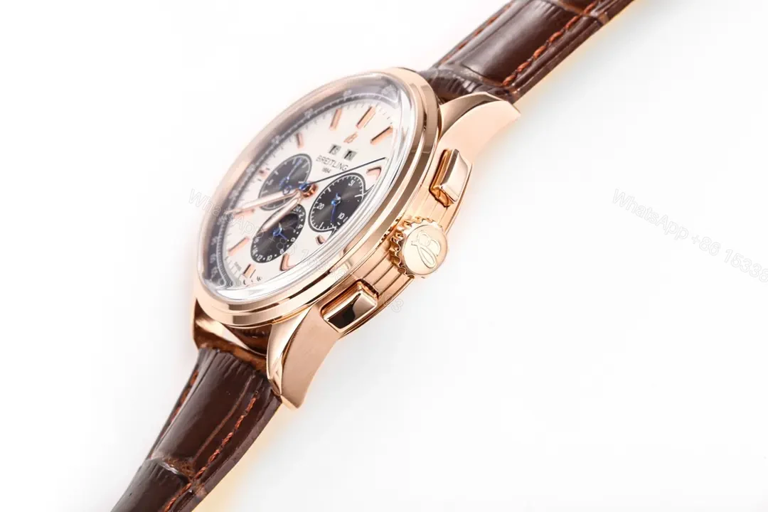 View 7 of ZF Factory Breitling Premier Series Rose Gold Blue and White Dial Brown Leather Strap Watch