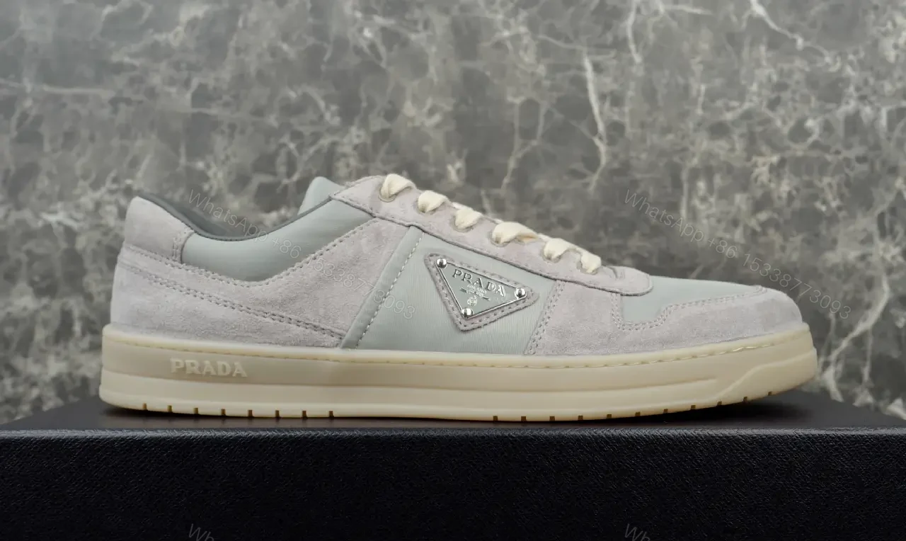 View 5 of White Leather Suede Low-Top Sneaker with Prada Logo Cardboard Mountain Crest