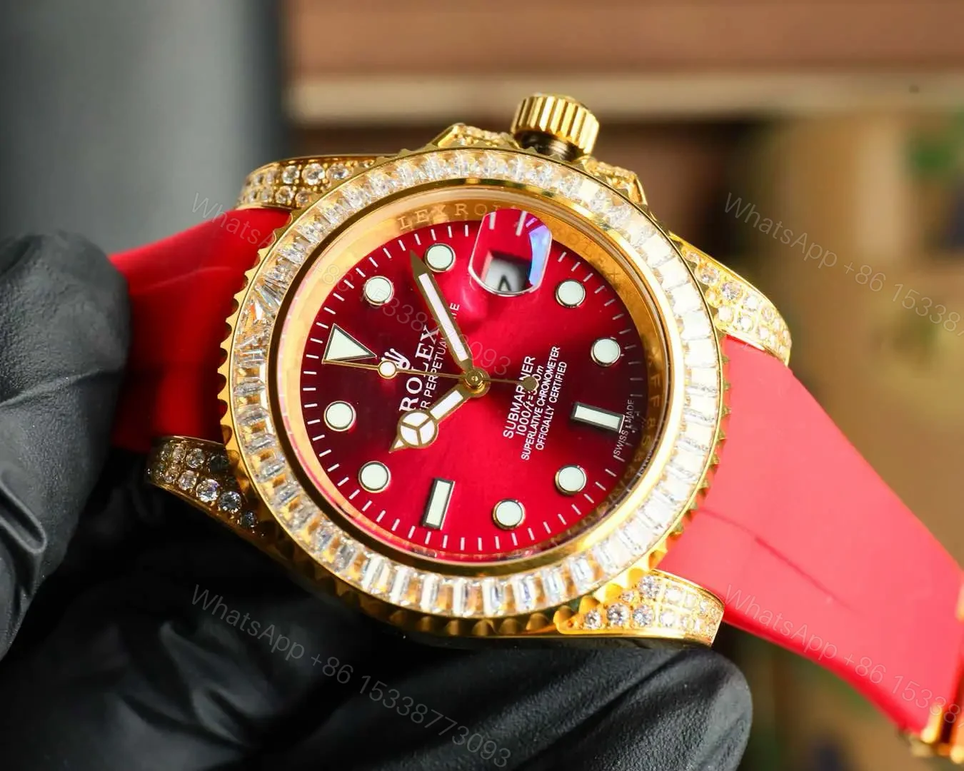 View 4 of Fake Rolex Submariner Red Diamond Dial 3CT Bezel 16610-ICE-0001