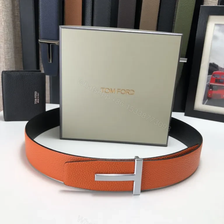 View 4 of Tom Ford Orange Leather Belt with Gold-T Buckle - Luxury Signature Gift