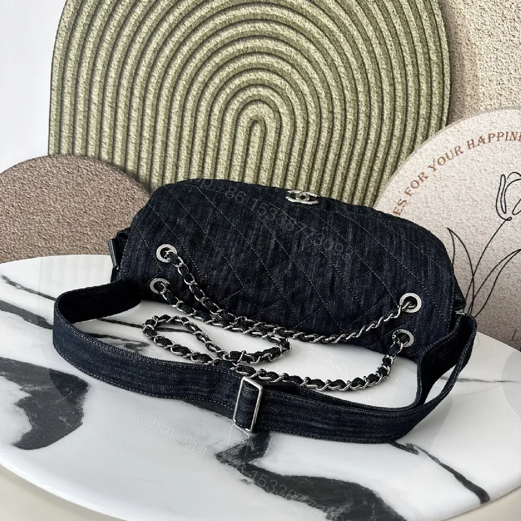 View 8 of Denim-Texture Flap Crossbody: Modern Chic Statement Bag