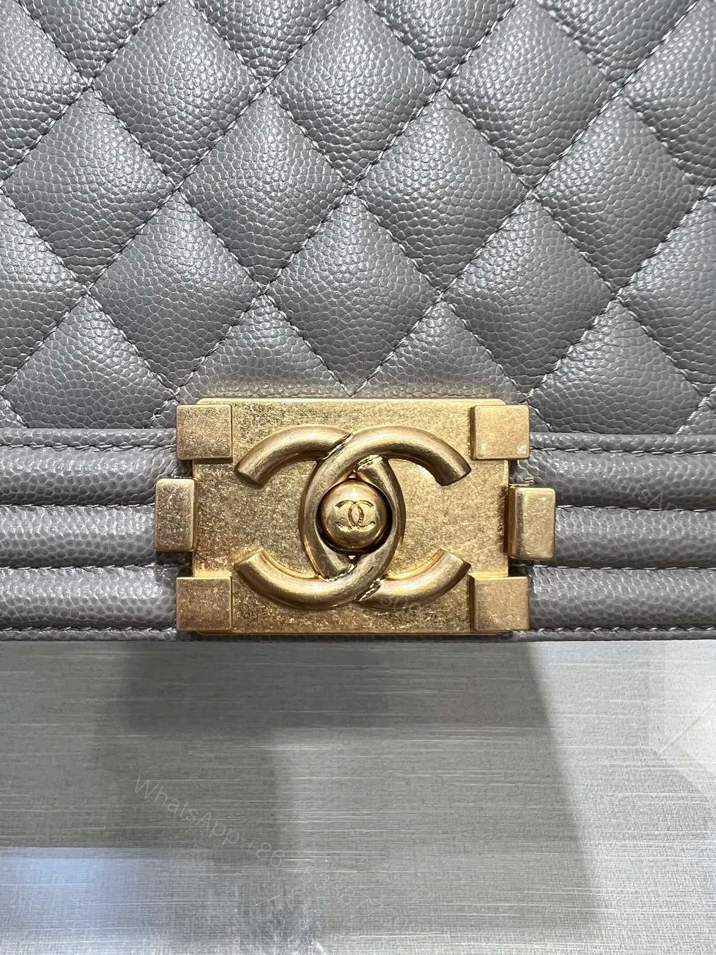 View 7 of CHANEL BOY BAG MEDIUM 25 GREY CAVIAR GOLD HARDWARE