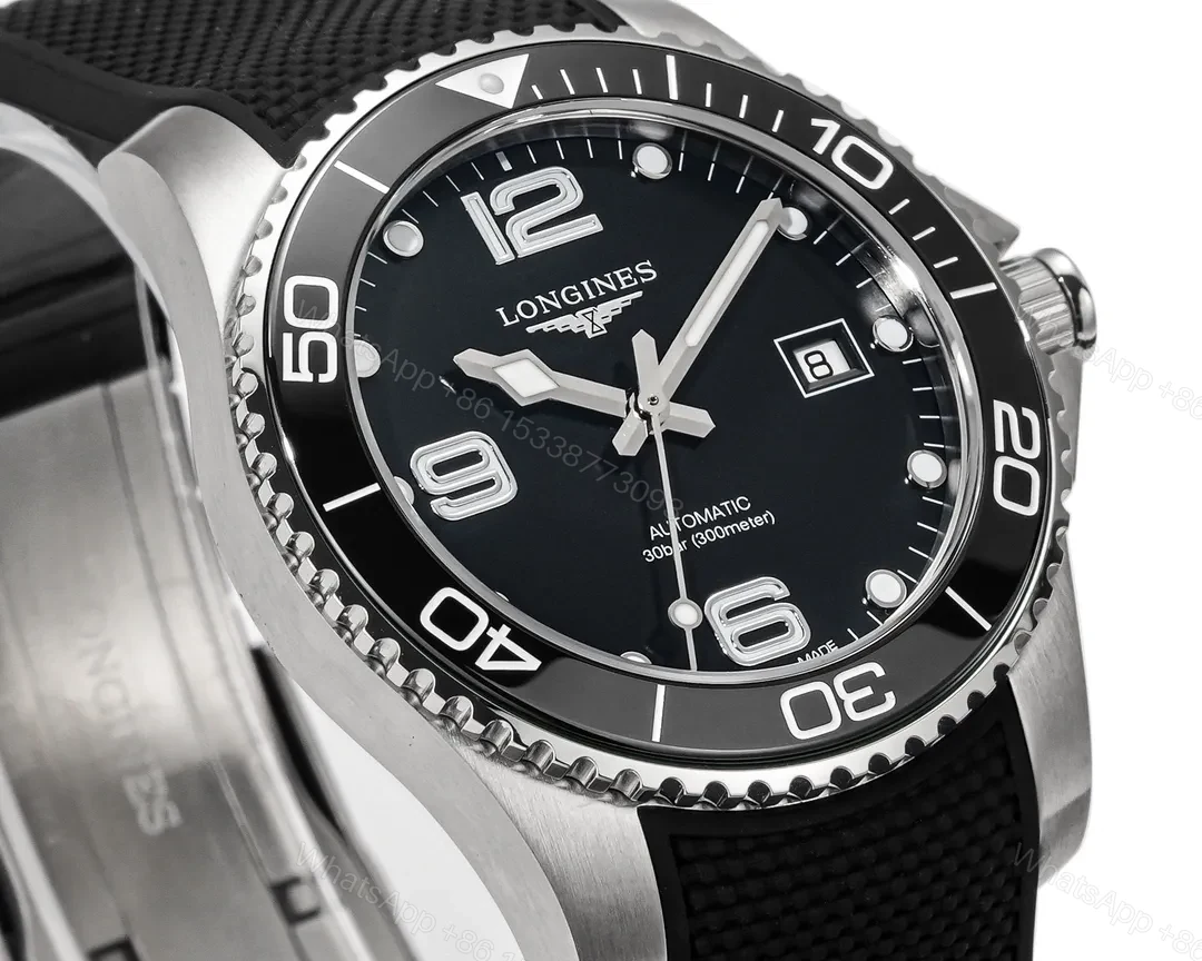 View 3 of Longines Conquest Black Dial Automatic Watch with Stainless Steel Case and Black Rubber Strap