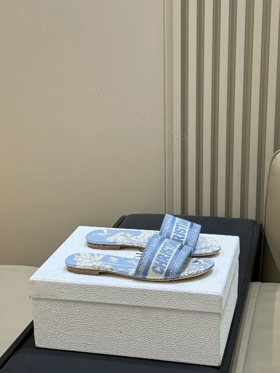 View 4 of Blue Denim Slide Sandals Palm Print Christian Dior Style Logo Strap Sandals