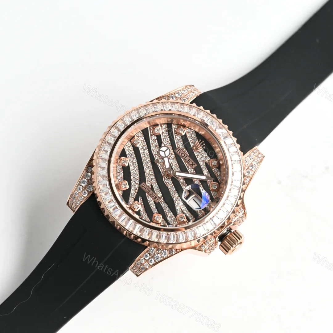 View 7 of Rolex Datejust Zebra Replica 40MM Premium Rose Gold Iced Rubber Strap Edition RG-ROLEX-DJ-ZEBRA-RG-ICED-RUB-40