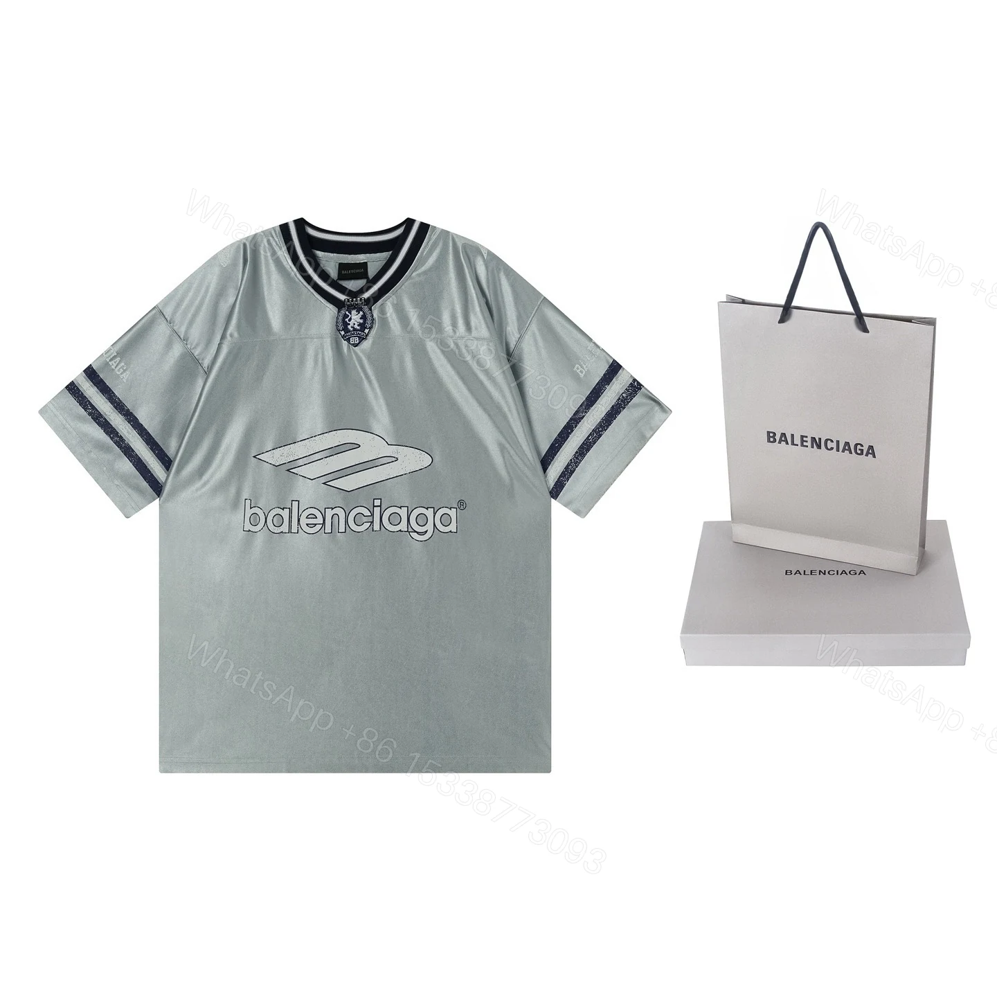 View 6 of Balenciaga Clothes 3B Silhouette Ribbed V-neck Printed T-shirt Black/Blue/Gray