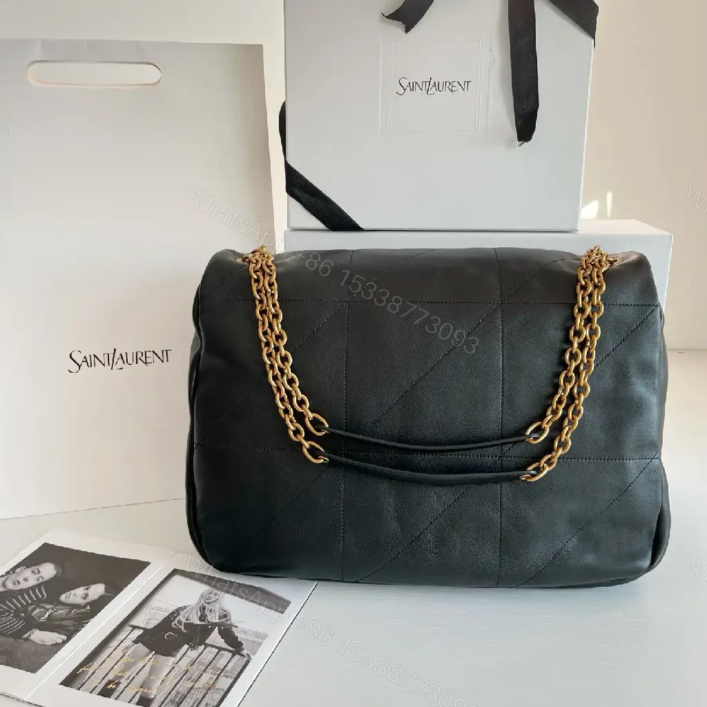 View 9 of Quilted Black Leather Shoulder Bag with Gold Chain