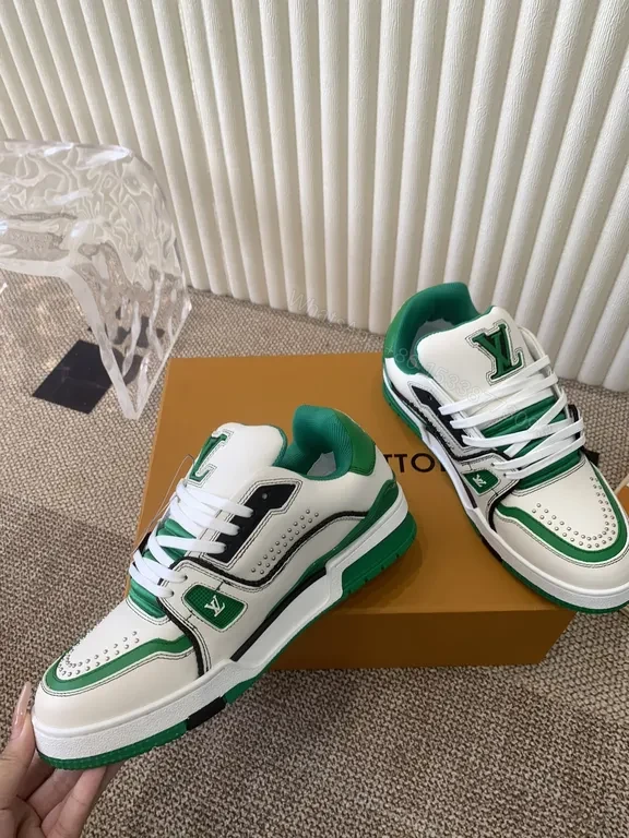 View 5 of Green & White Leather High-Tops with LV-Style Detailing Sneakers