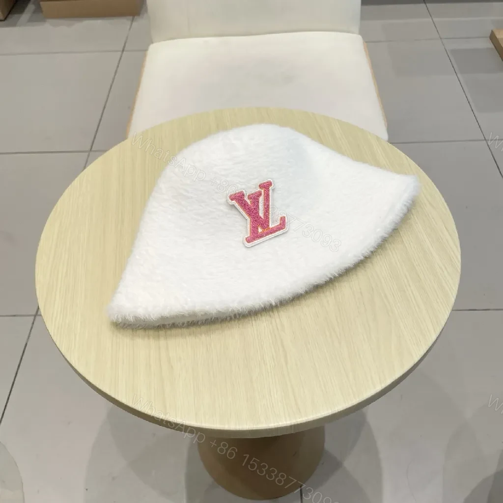 View 6 of White Fuzzy Bucket Hat - Pink Monogram Designer-Inspired Logo