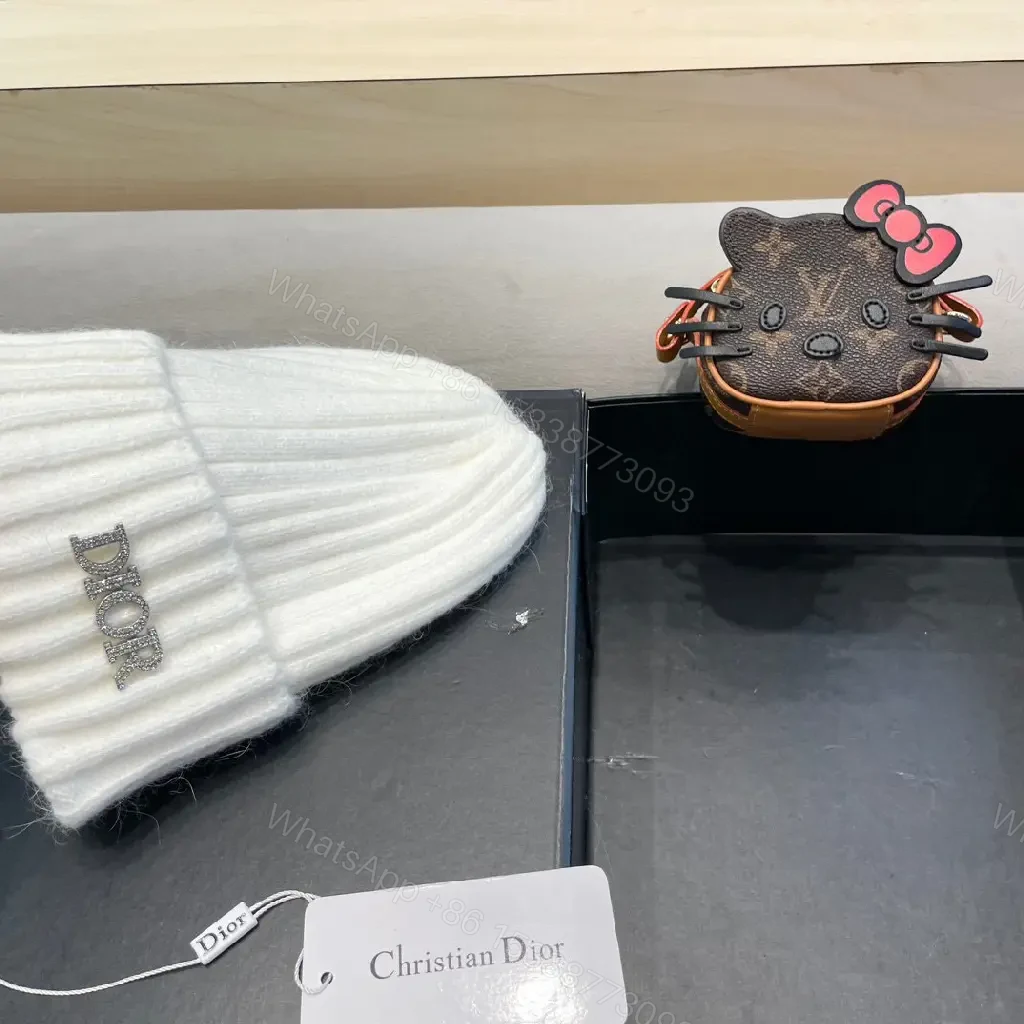 View 5 of White Knit Beanie with Dior Embellishment: Cozy Luxury