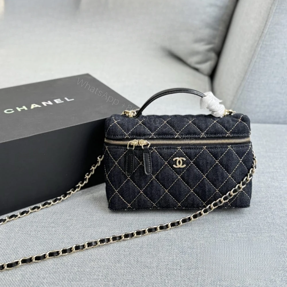 View 2 of Chanel Classic Vanity with Chain Gold Metal Denim Dark Blue 19cm