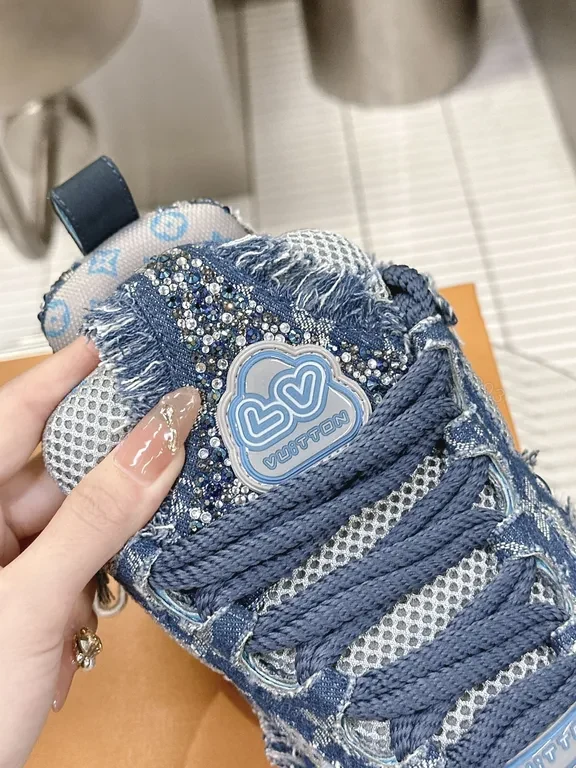 View 2 of Blue Denim-Textured LV-Style High-Tops: Luxe Streetwear Sneakers