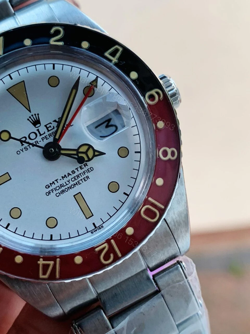View 2 of VINTAGE Rolex GMT Master 6542 Black/Red Bezel White Dial A2836