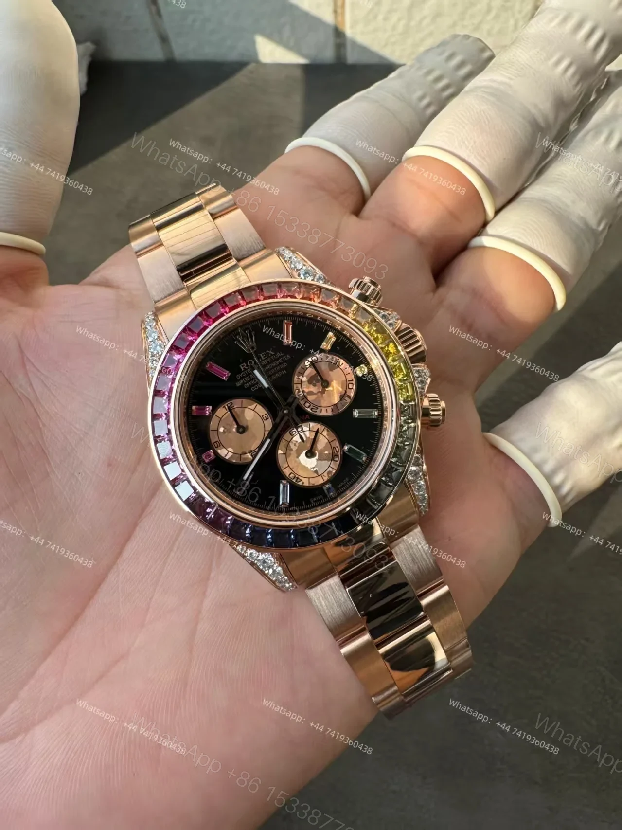 View 26 of Rolex Super Clone Rainbow Daytona 1:1 Replica Watch – 18K Rose Gold