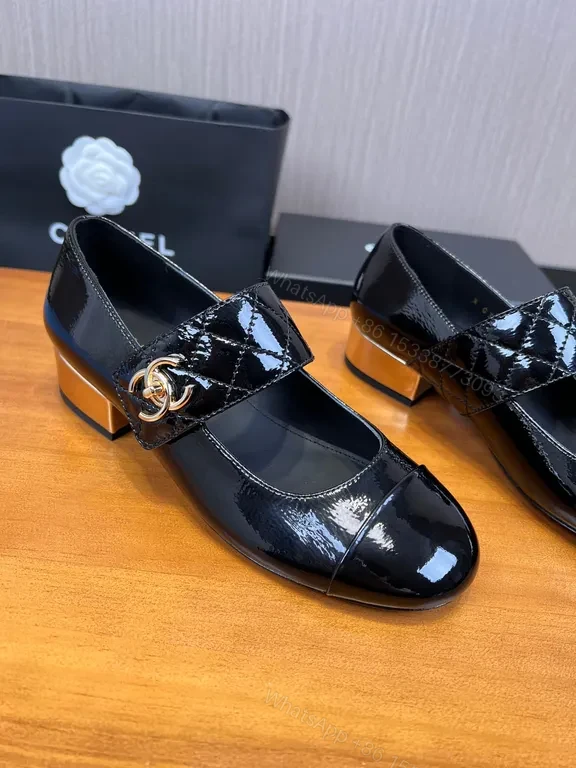 View 6 of Chanel-Inspired Patent Mary Jane Heels - Quilted Strap, Black