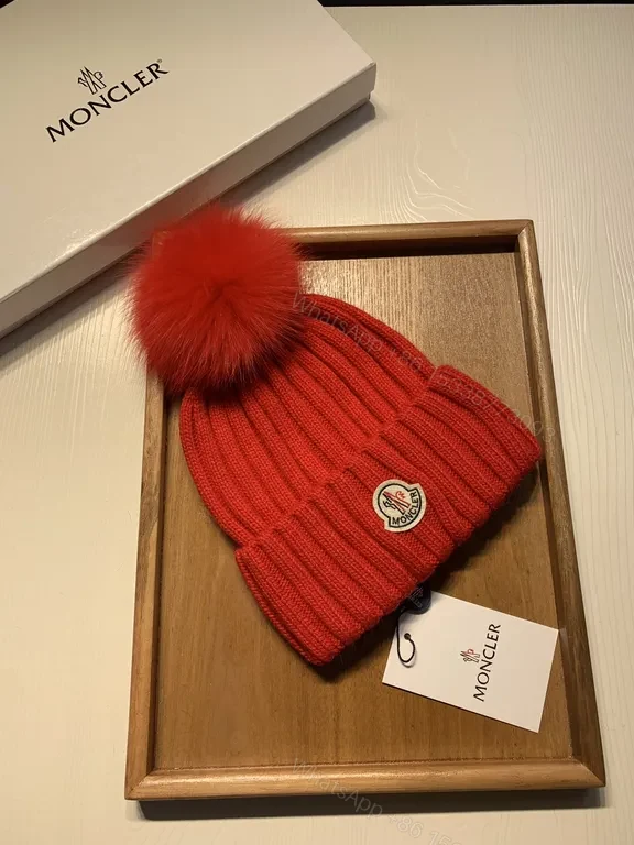 View 6 of Bold Red Knit Beanie with Plush Pom-Pom - Moncler Warmth