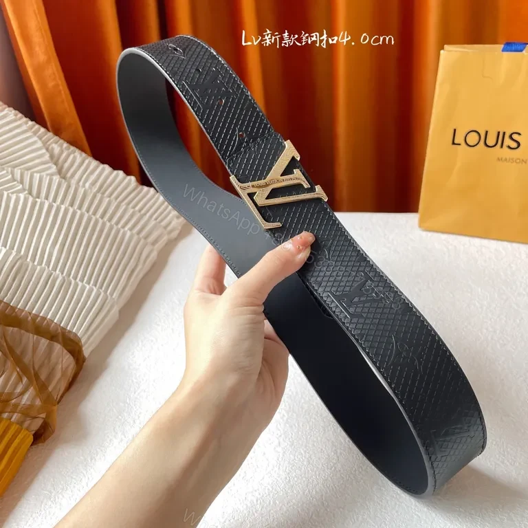 View 6 of Refined Black Textured Leather Belt with Gold LV Buckle