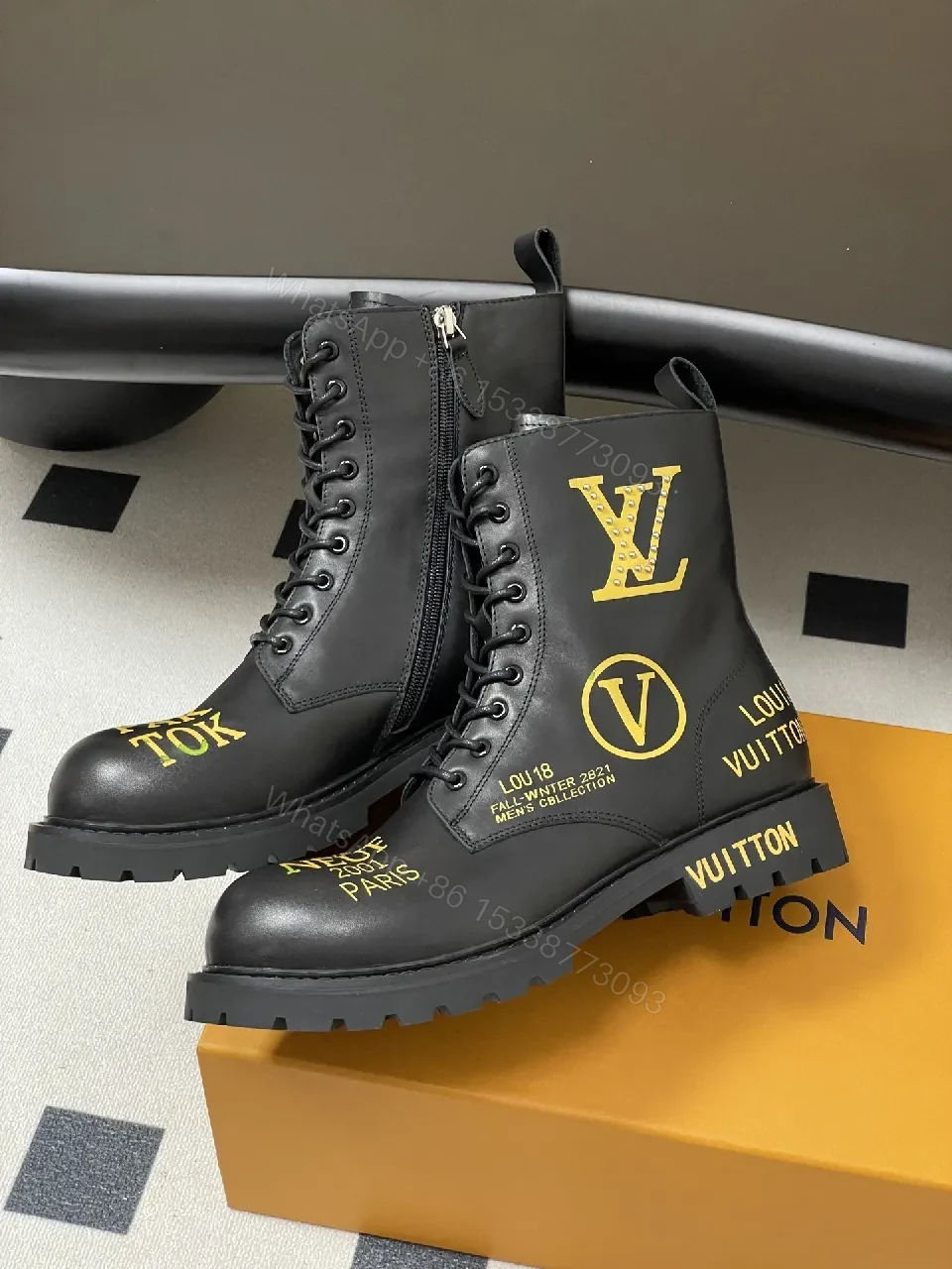 View 3 of Bold Black Combat Boots with Gold Detailing: All-Day Comfort