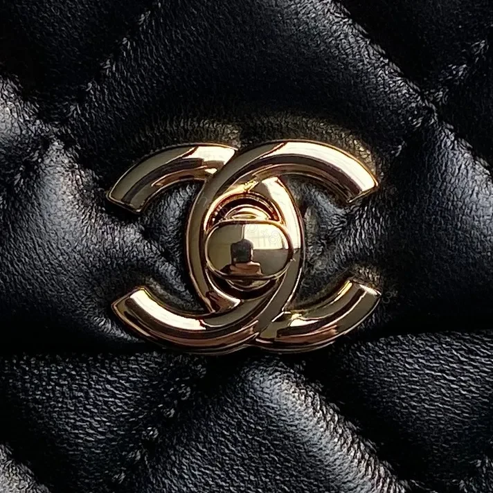 View 3 of Quilted Black Flap Bag with Gold Chain Strap, Compact, Elegant