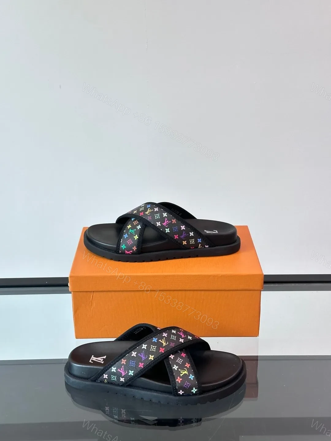 View 4 of LV Men Black Multicolor Canvas Slides